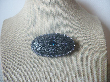 Vintage Marcasite Dark Silver Tone Blue Glass Victorian Brooch Pin 022721