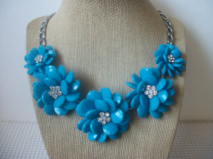 Retro 16" - 18" Blue Flowers Clear Rhinestones, Bib Design Panel Silver Tone 030321