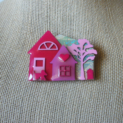 Vintage Lucinda House Pins Love Happiness Pink Cherry Tree Little Dog Hears Fire Hydrant 021321