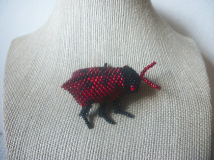 Thicker Larger, Vintage Brooch Pin, Ladybug, Hand Crafted, Red Black Micro, Glass Beads 022021