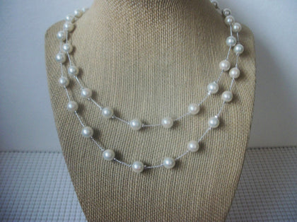 Vintage 18" - 20" Signed MONET White Faux Pearls Layered Double Row Silver Tone Necklace 030421