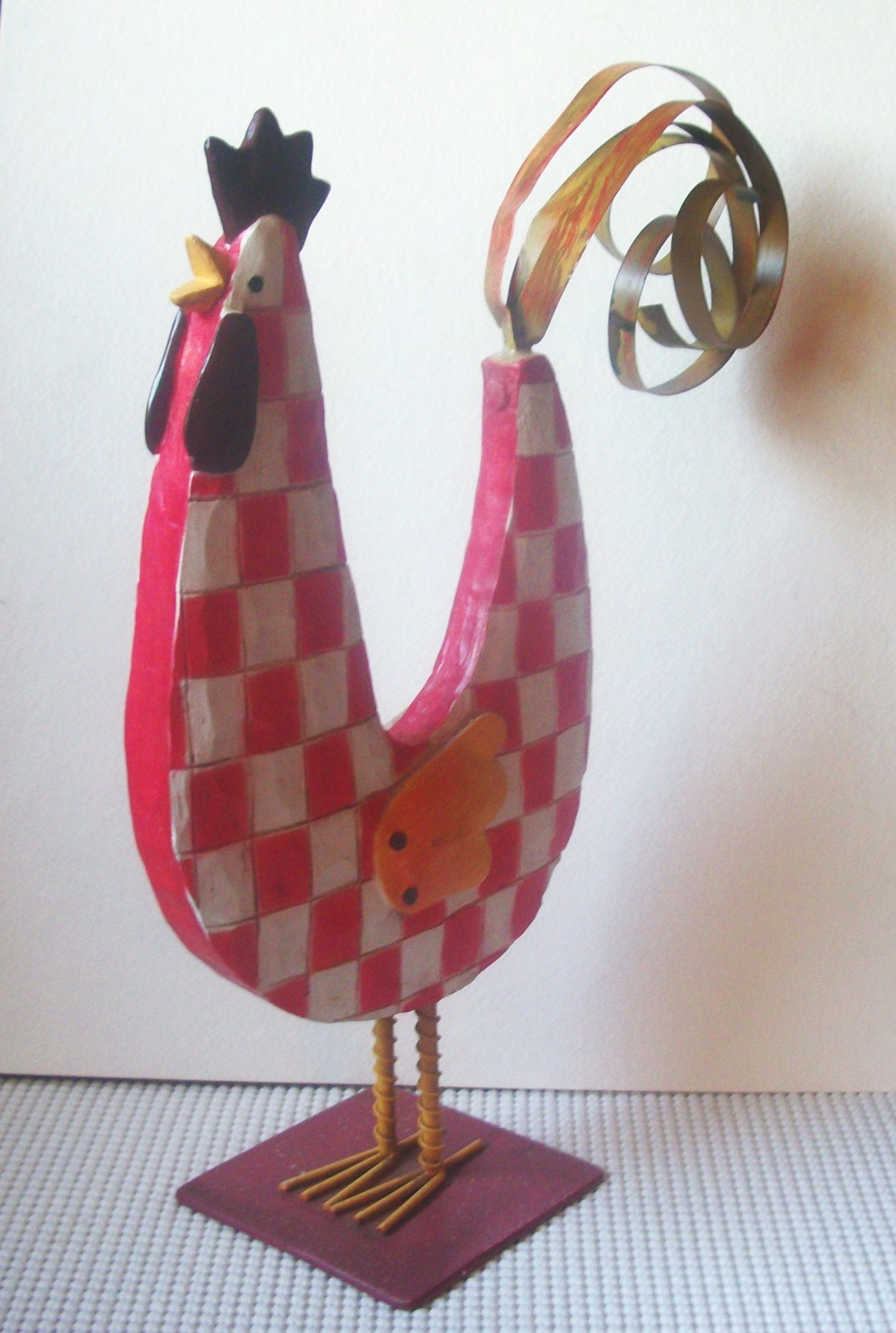 Rustic Vintage Rooster, Tall and Hand Crafted, From Welded Metal and Painted Bright Colorful Checkered Vintage