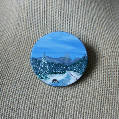Signed Cathy Hinkley Vintage Brooch Pin, Winter Scene Deer Woodland Snow Hand Painted Wood 031121