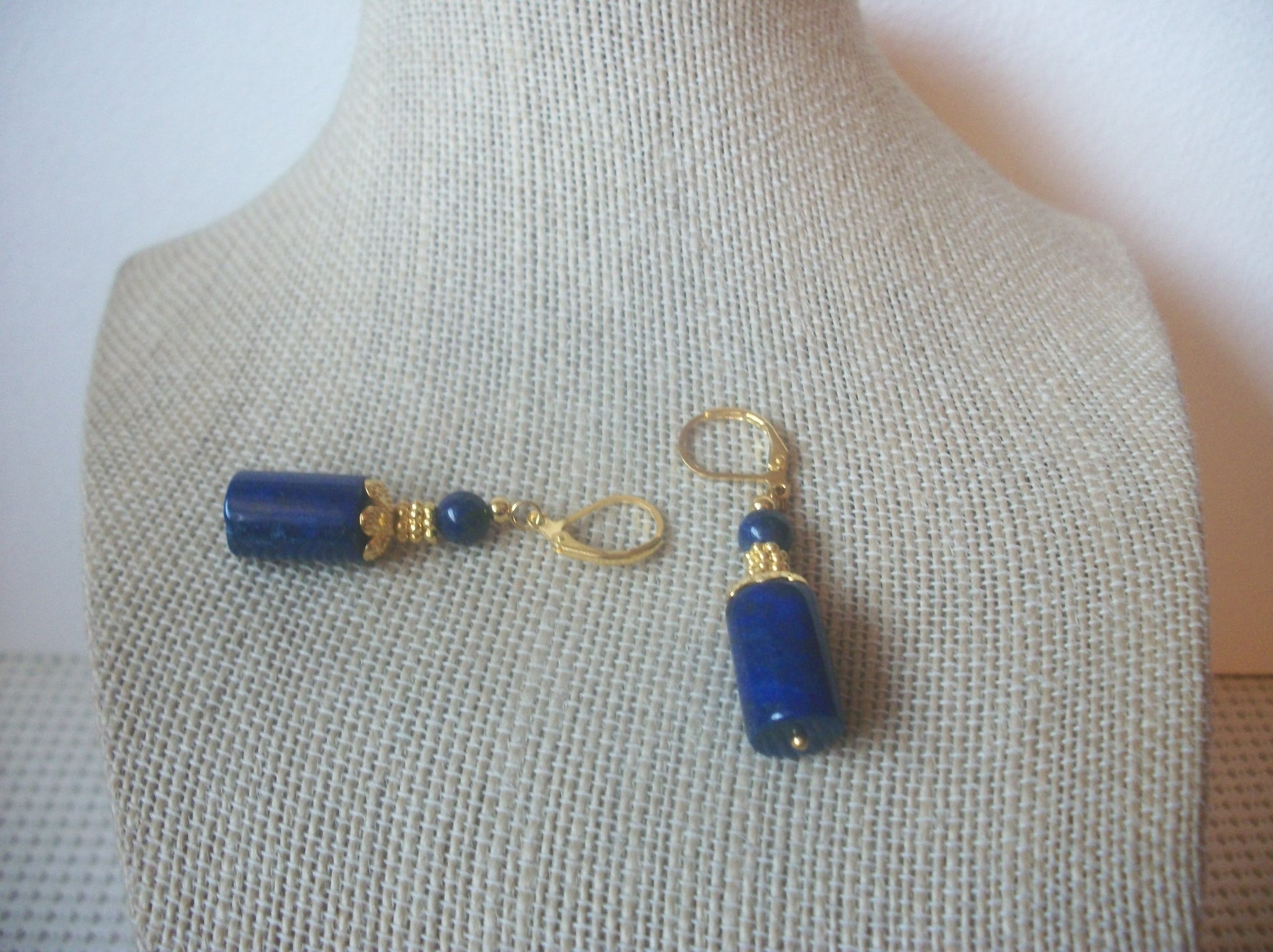 Lapis Earrings, Gold Tone Lever Back Very Dark Hint Of Black Lapis Lazuli Stones Dangle Earrings 63017