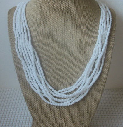 Stunning Vintage 22" Multi Strand Signed TRIFARI White Glass Micro Beads Necklace 030221