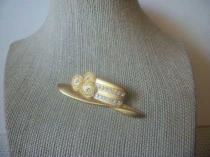 Vintage Brooch Pin, Signed JJ, Johnertte Company, Matte Gold, Stetson Hat, Clear Rhinestones, Metal, 022021