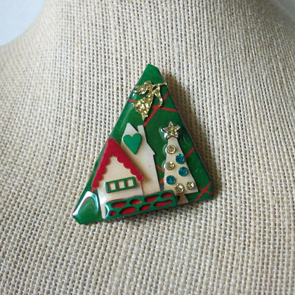 Vintage Brooch Pin Lucinda House Pins, Christmas Festive Tree Angel Wreath Glitter 61318