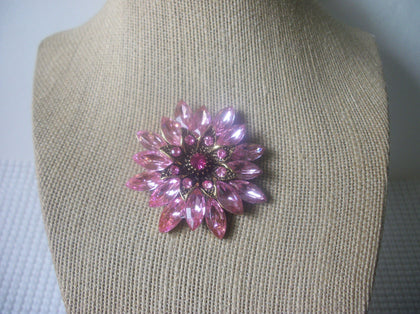 Vintage Brooch Pin Exquisite Pink Floral Rhinestones Flower Burst Gold Tone 121516