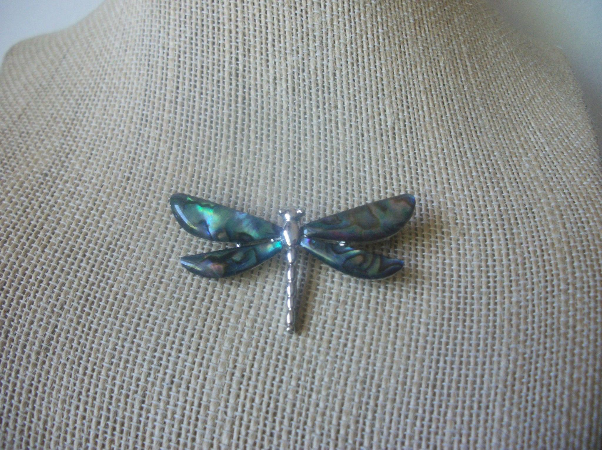 Vintage Brooch Pin Beautiful Paua Abalone Wings Dragonfly Silver Tone 91616