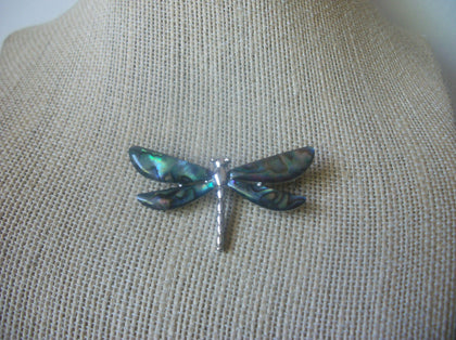 Vintage Brooch Pin Beautiful Paua Abalone Wings Dragonfly Silver Tone 91616