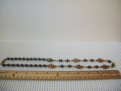 Vintage Gold Toned Tortoise Glass Black Czech Glass 24" Long Necklace 8216