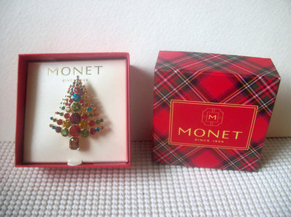 Vintage Signed MONET, Gold Tone, Enameled Christmas Tree, Colorful Rhinestones Brooch