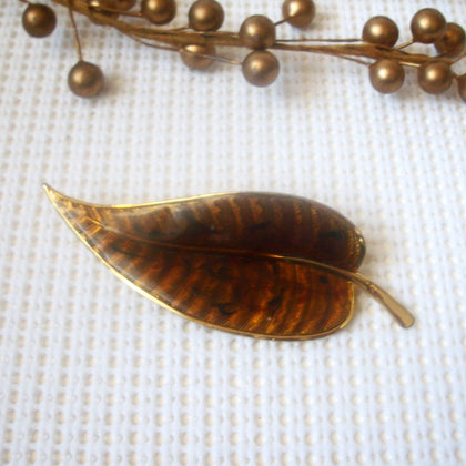 Larger Gold Brown Toned  Enameled Leaf 3 1/2" Long Vintage Brooch Pin 61717