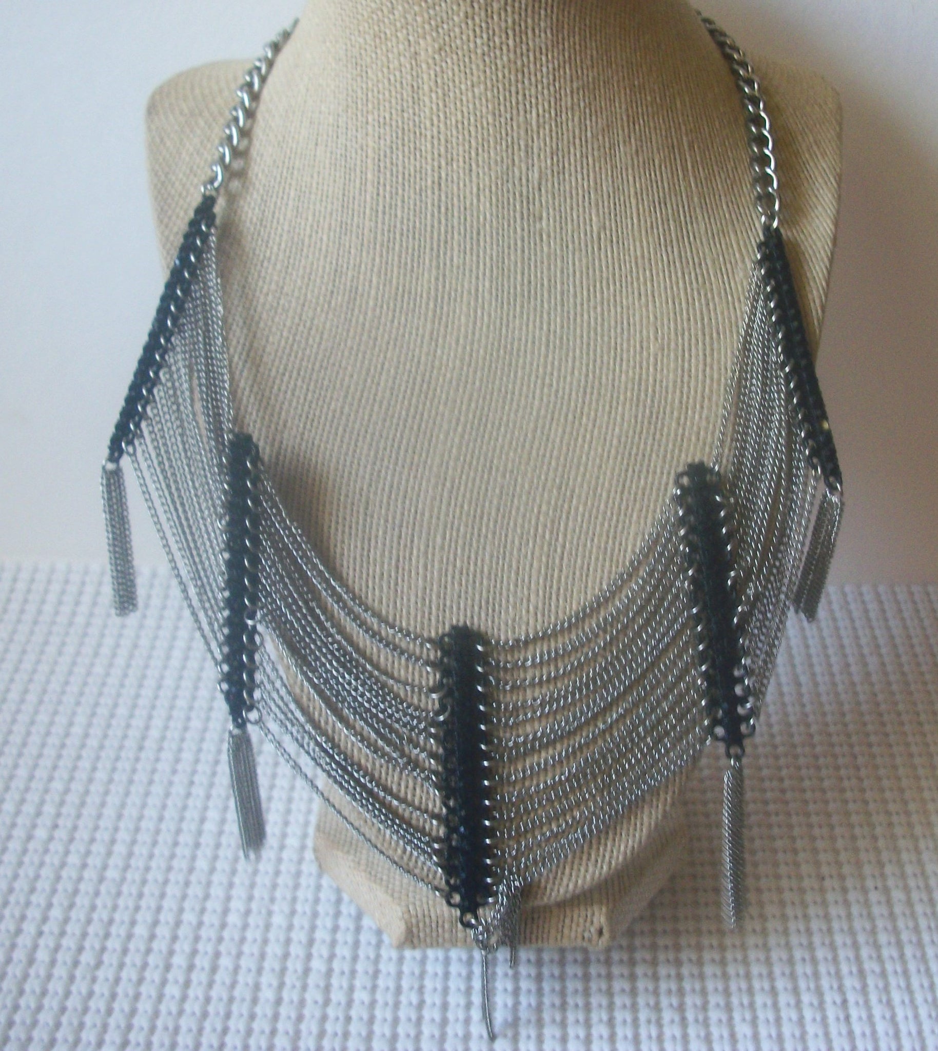 Vintage Necklace, Stamped Steve Madden, Fringe Silver Black 24" Long 81116