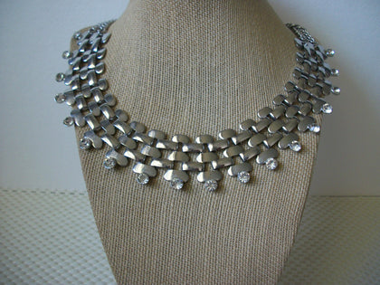 BOLD Vintage 18" - 20 1/2" Necklace Silver Toned White Collar Metal Link Clear Chaton Rhinestones 51016