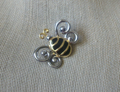 Vintage Brooch Pin, Honey Bee Two Tone Gold Silver Black Enameled Stripes 122220