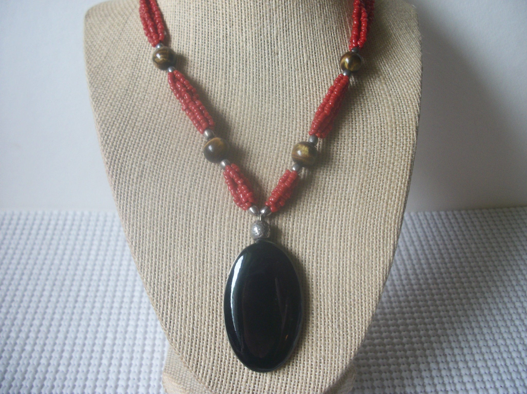 Southwestern Necklace, Black Onyx Pendant. Paprika Glass, Tiger Eye 19" Long 82016