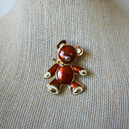 Vintage Brooch Pin  Sweet Teddy Bear Toy Daycare Teacher Enameled Gold Tone, 030621