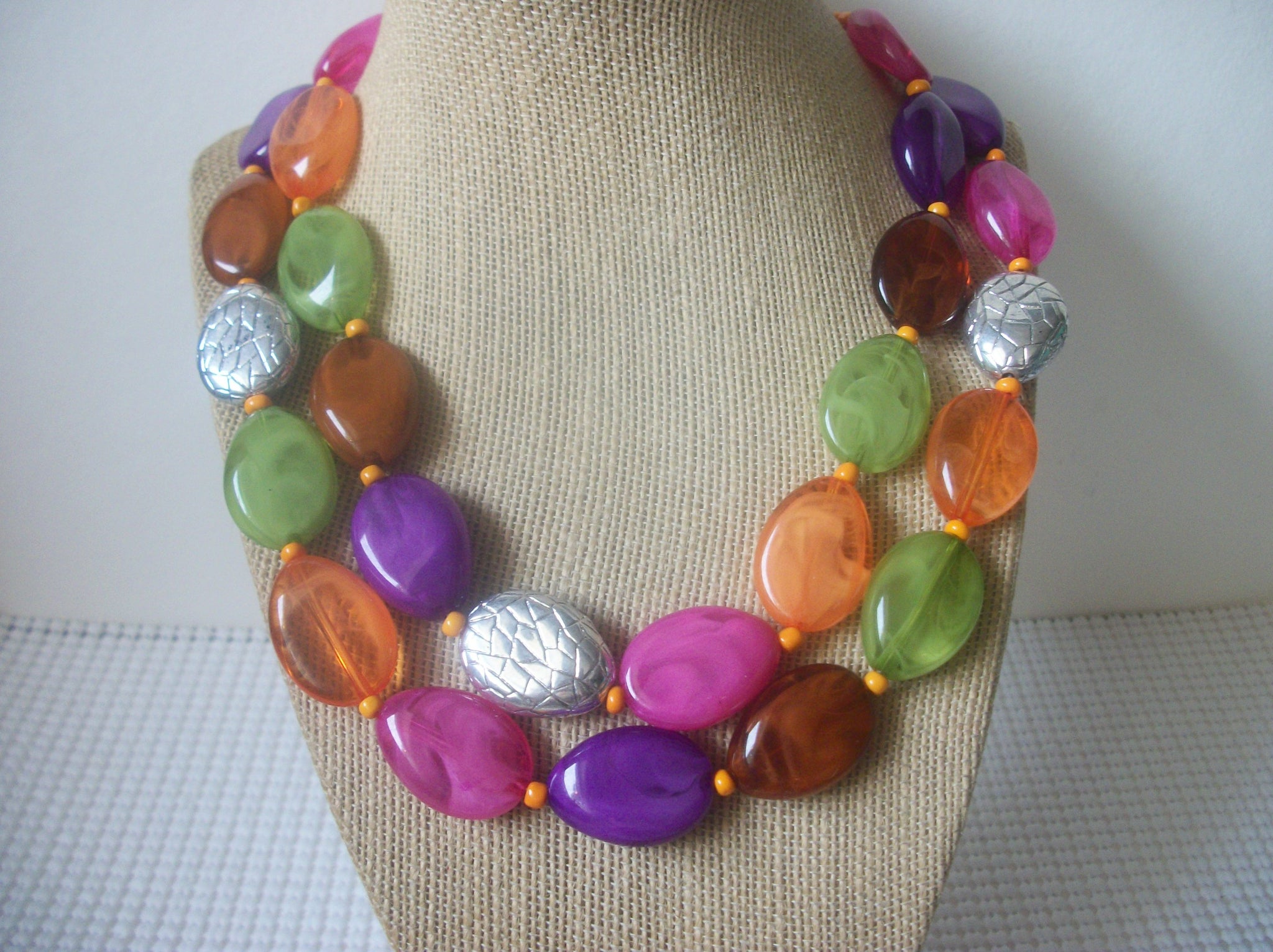 Retro 18" Necklace Very Colorful Lucite Old Plastic Metal Double Strand 10517