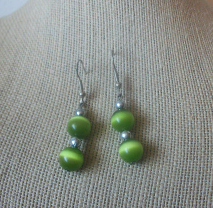 Retro Silver Tone Green Glass Dangle Earrings 022421