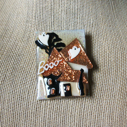 Hard To Find Vintage Lucinda Halloween House Pin, Booo Ghost Glitter 021321