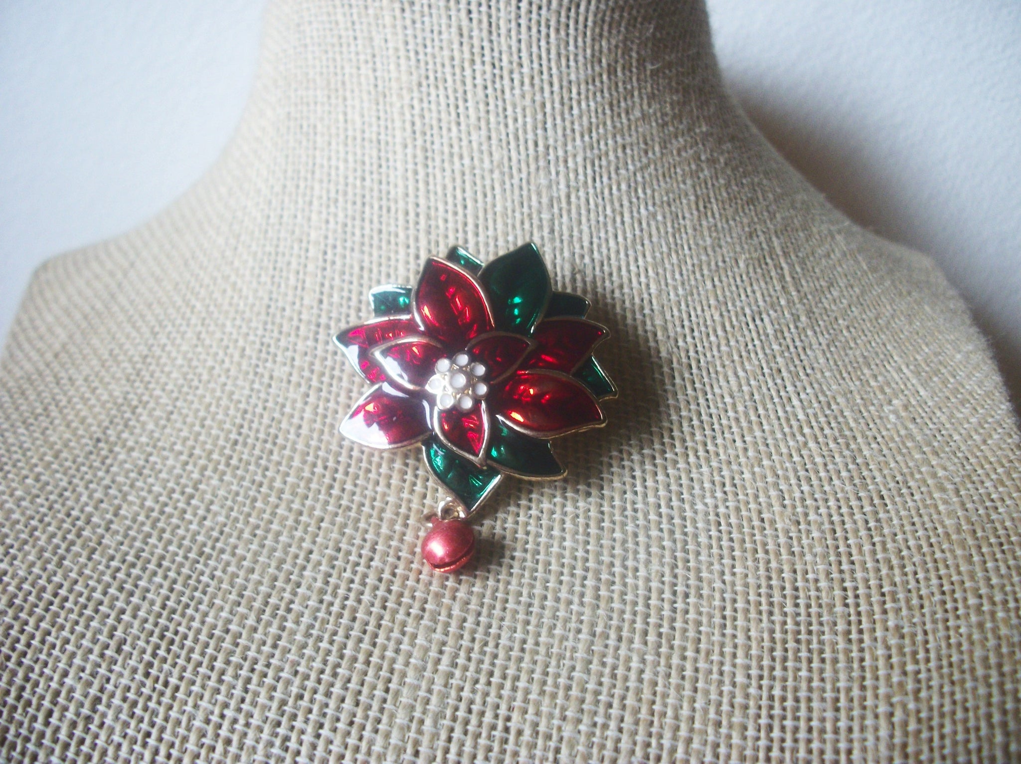 Gold Tone, Poinsettia Christmas, Enameled Red Green, Dangling Bell, Vintage Brooch Pin 022121