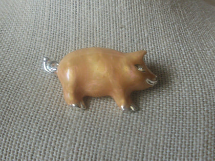 Thicker, Vintage Brooch Pin, Peach Pig, Enameled, Clear Rhinestone Eyes, Silver Tone, 70217