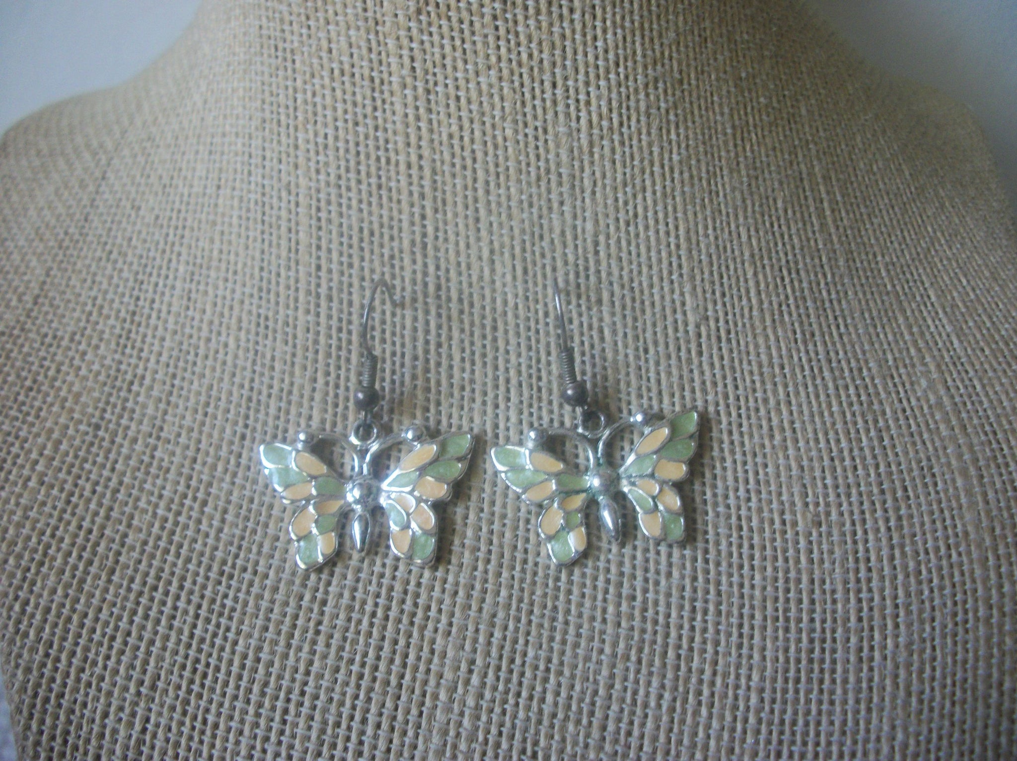 Vintage Pierced Earrings Enameled Pale Yellow Green Butterfly 81317