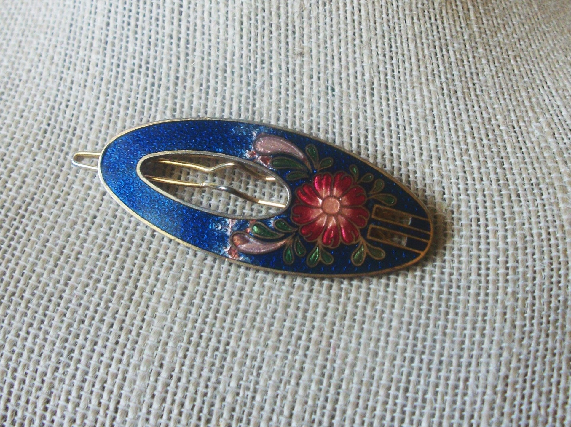 Vintage Hair Jewelry, Cloisonne, Blue Gold, Green Red, Gold Tone, 90517