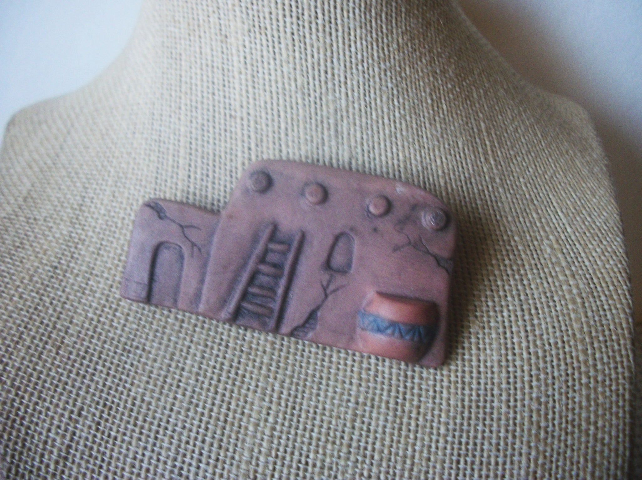 Vintage Brooch Pin, Native Indian Stone Clay House 023021