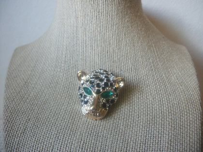 Vintage Brooch Pin, Exotic Cat, Green Rhinestone Eyes, Black Silver Crystals, Gold Tone, 70217