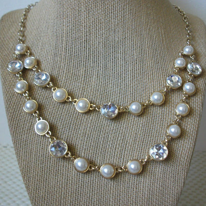 Signed M Vintage 20" - 22" Necklace Gold Tone Bezel Set Clear Glass Faux Pearls 51016 Gift For Her Wife
