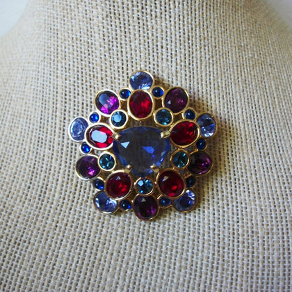 Vintage Brooch Pin, Colorful Crystal Glass Prong Set Ornate Gold Tone, 030621