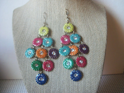 Long 4" Colorful Bohemian Flower, Clear Rhinestone Inlays, Gold Tone Pierced 41620