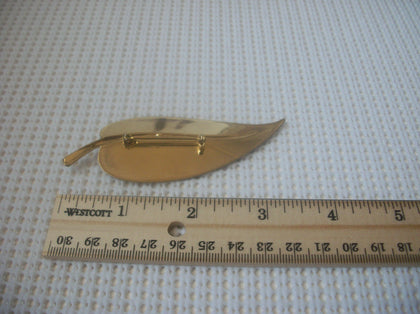 Larger Gold Brown Toned  Enameled Leaf 3 1/2" Long Vintage Brooch Pin 61717