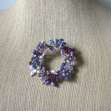 Vintage Brooch Pin Sparkling Crystals Rose Lilac Purple Blue Auroral Borelias Wreath Dark Metal 030521