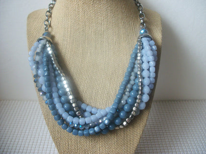 Chunky Retro 16" - 18" Necklace Icy Blue Silver Tone Acrylic and Metal Beads Adjustable 73017