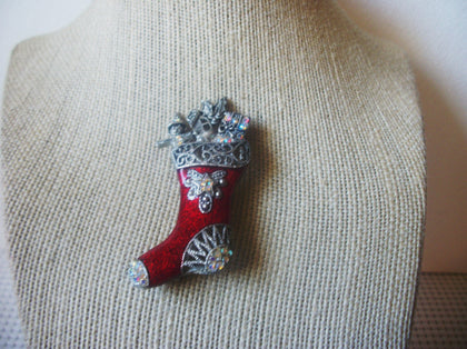 Larger Vintage Jewelry, Christmas Victorian Stocking, Presents Red Enameled Aurora Borelias Crystals, Silver Tone, Brooch Pin 53018