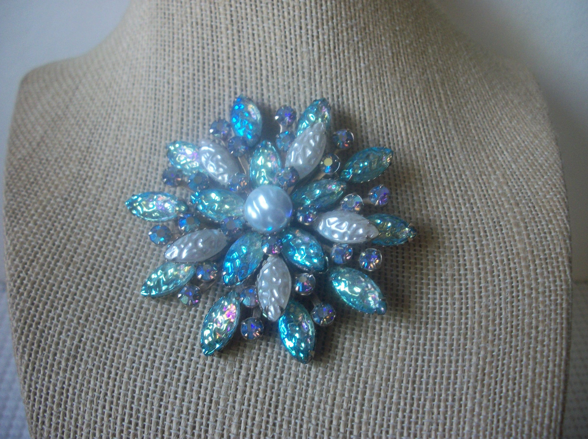 Larger Vintage Brooch Pin Signed CATHE Blue Iridescent Pearly White AB Crystals Gold Tone Prong Set 121516