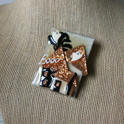 Hard To Find Vintage Lucinda Halloween House Pin, Booo Ghost Glitter 021321