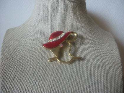 Vintage Brooch Pin, Figural Lady, Red Enameled Hat, Clear Rhinestones, Gold Tone, 70217