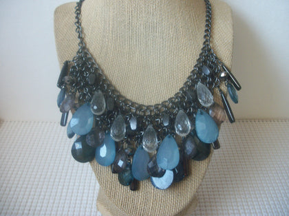 Signed NY Retro 20" - 22" Blue Clear Gray Dangle Bib Design Dark Silver Tone 030321