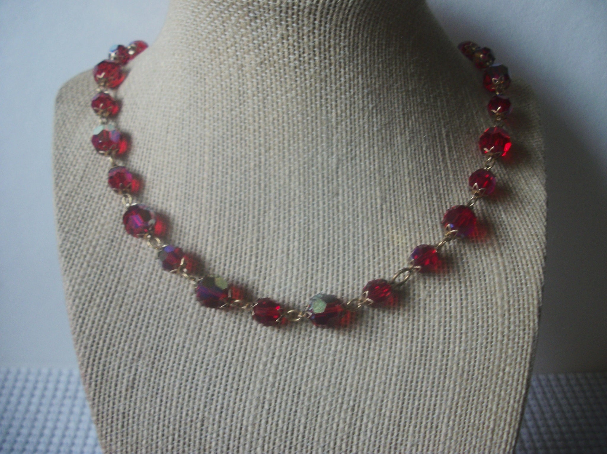 Vintage Gold Toned Red Czech Glass 20" Long Necklace 8216