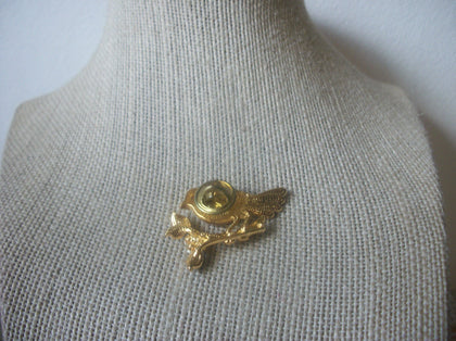 Vintage Stick Pin, Bird Branch, Leaves, Clear Green Crystals, Gold Tone, 72517