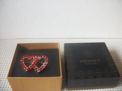 MONET Valentine Hearts, Pink Red Crystals, Gold Tone, Brooch Pin, Vintage 022521