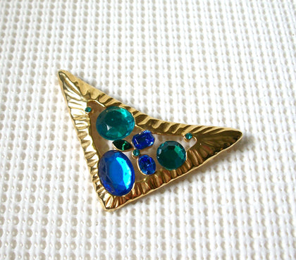 Larger Vintage Brooch Pin, Gold Tone Hammered Blue Green Acrylic Inlays Modernist 030621