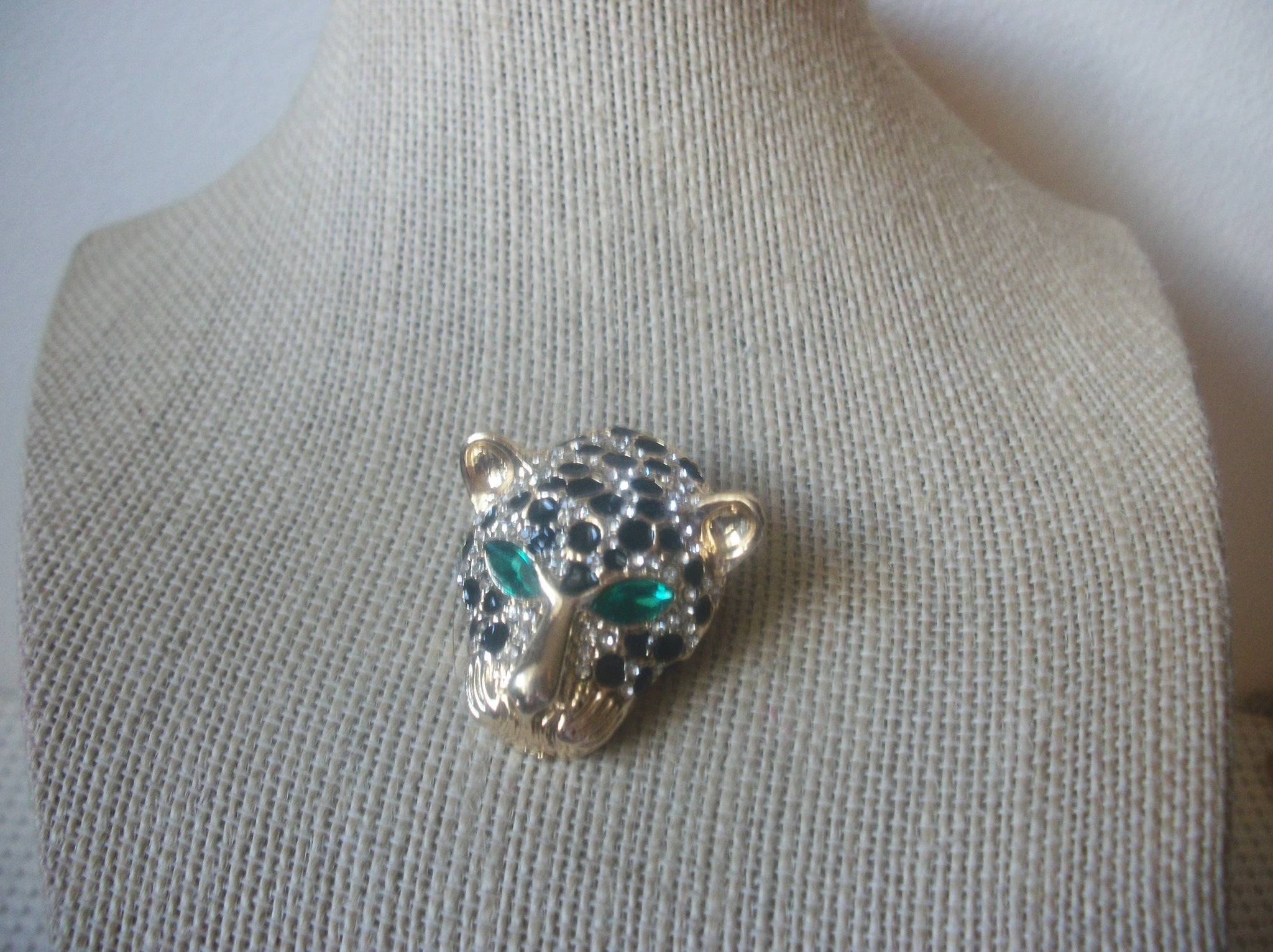 Vintage Brooch Pin, Exotic Cat, Green Rhinestone Eyes, Black Silver Crystals, Gold Tone, 70217