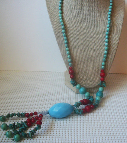 Chunky Heavier Southwestern Colorful Glass Semi Precious Turquoise Chips Vintage Necklace 63017