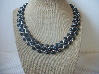Gorgeous Vintage 17" Signed TRIFARI Black Beaded Weaved  Silver Tone Chain Collar Necklace 030421