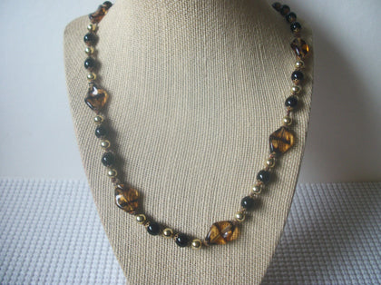 Vintage Gold Toned Tortoise Glass Black Czech Glass 24" Long Necklace 8216